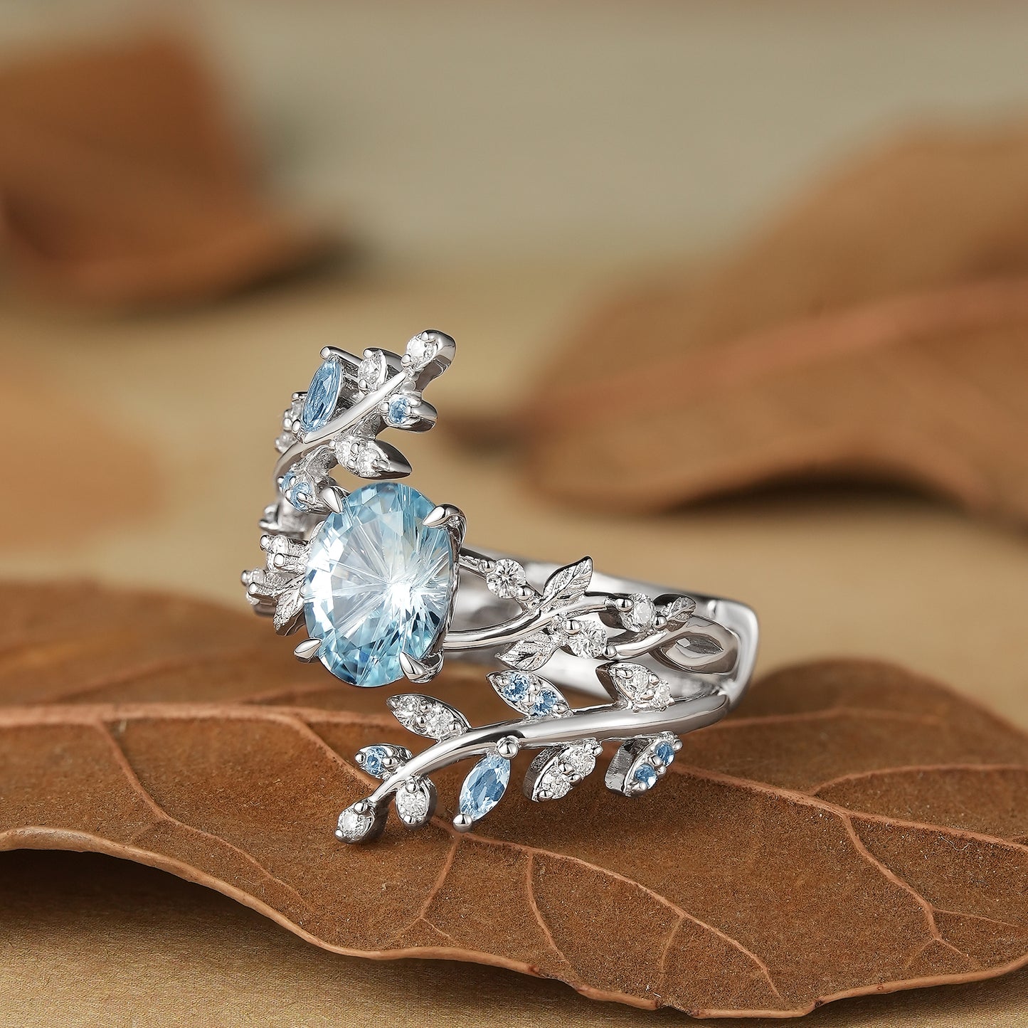 GemsMagic Starbrite Cut Lab Grown Aquamarine Cross Leaf Ehancer Ring Set - Kira