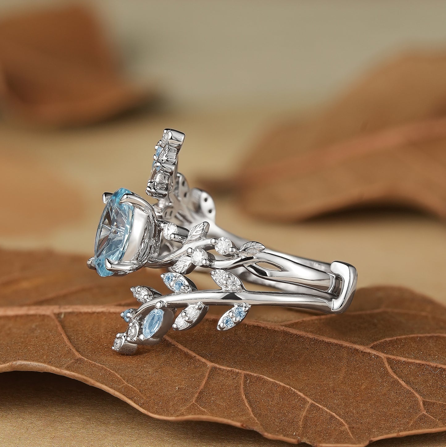GemsMagic Starbrite Cut Lab Grown Aquamarine Cross Leaf Ehancer Ring Set - Kira
