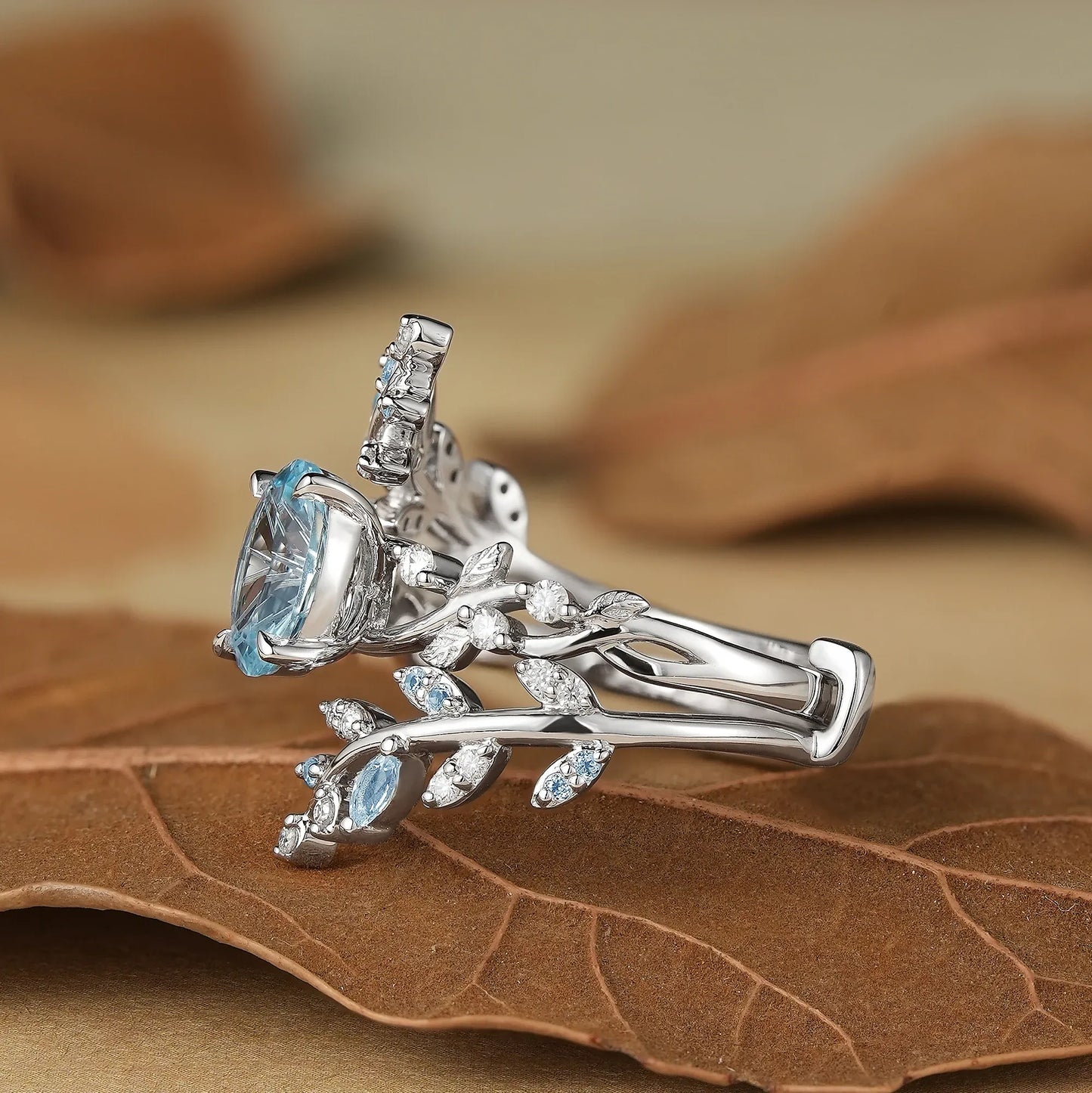 Sparkle Cut Lab Grown Aquamarine Cross Leaf Ehancer Ring Set