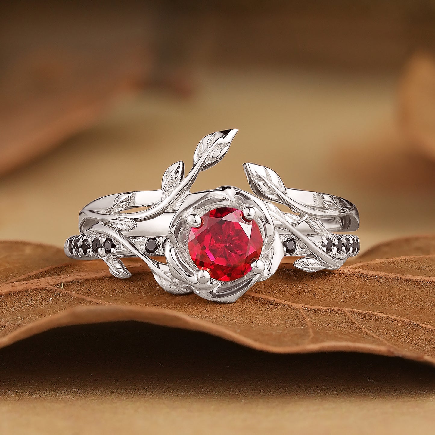 Blooming Rose: Ruby with Black Onyx Ring Set 2pcs- Neriah
