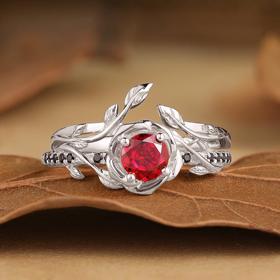 Blooming Rose: Ruby with Black Onyx Ring Set 2pcs- Neriah