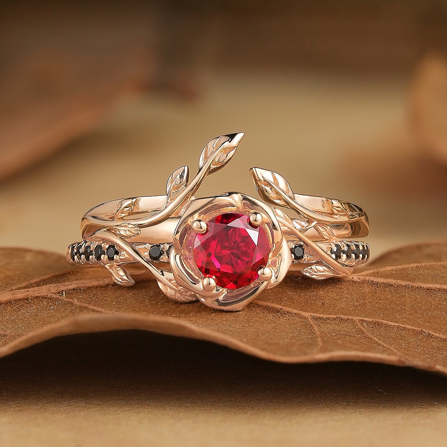 Blooming Rose: Ruby with Black Onyx Ring Set 2pcs- Neriah