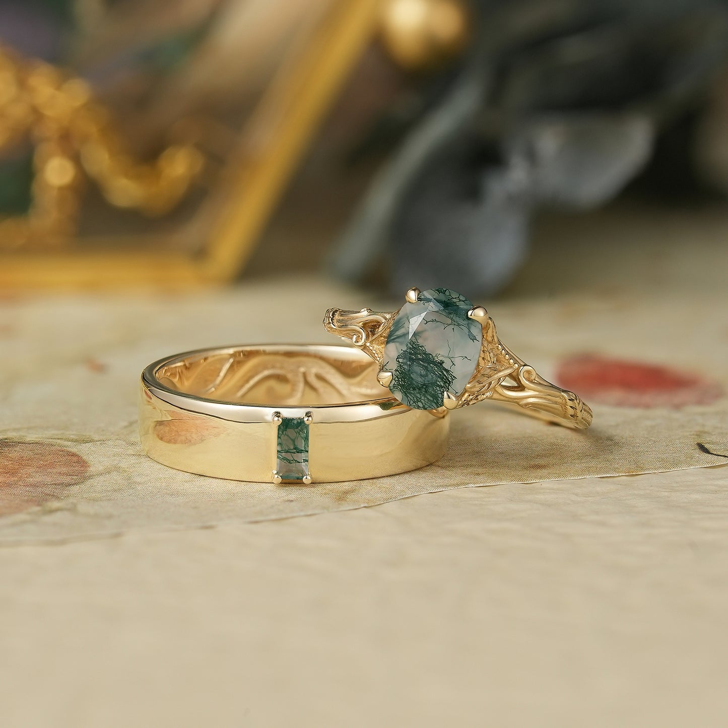 2pcs Moss Agate Couple Ring Set