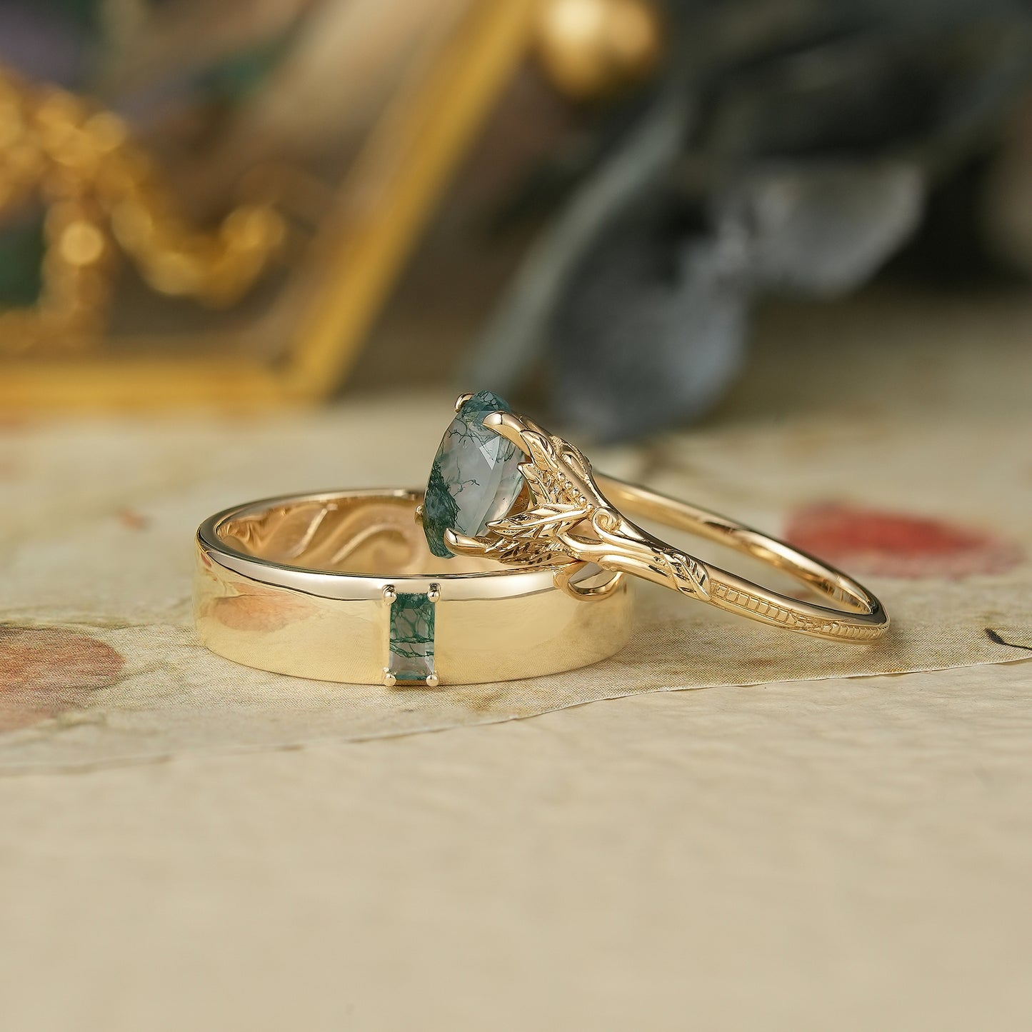 Moss Agate Couple Ring Set