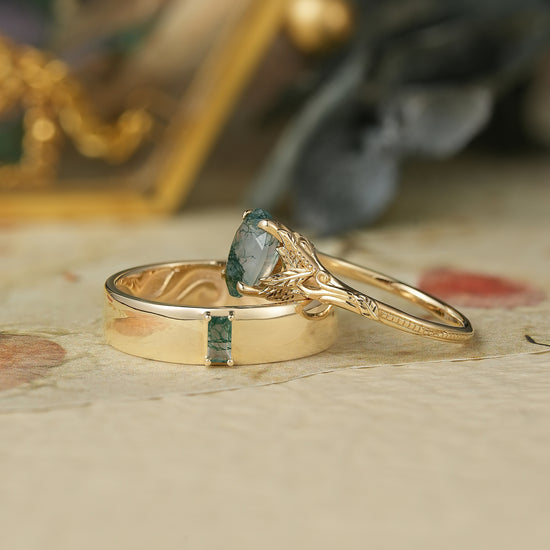 Moss Agate Couple Ring Set