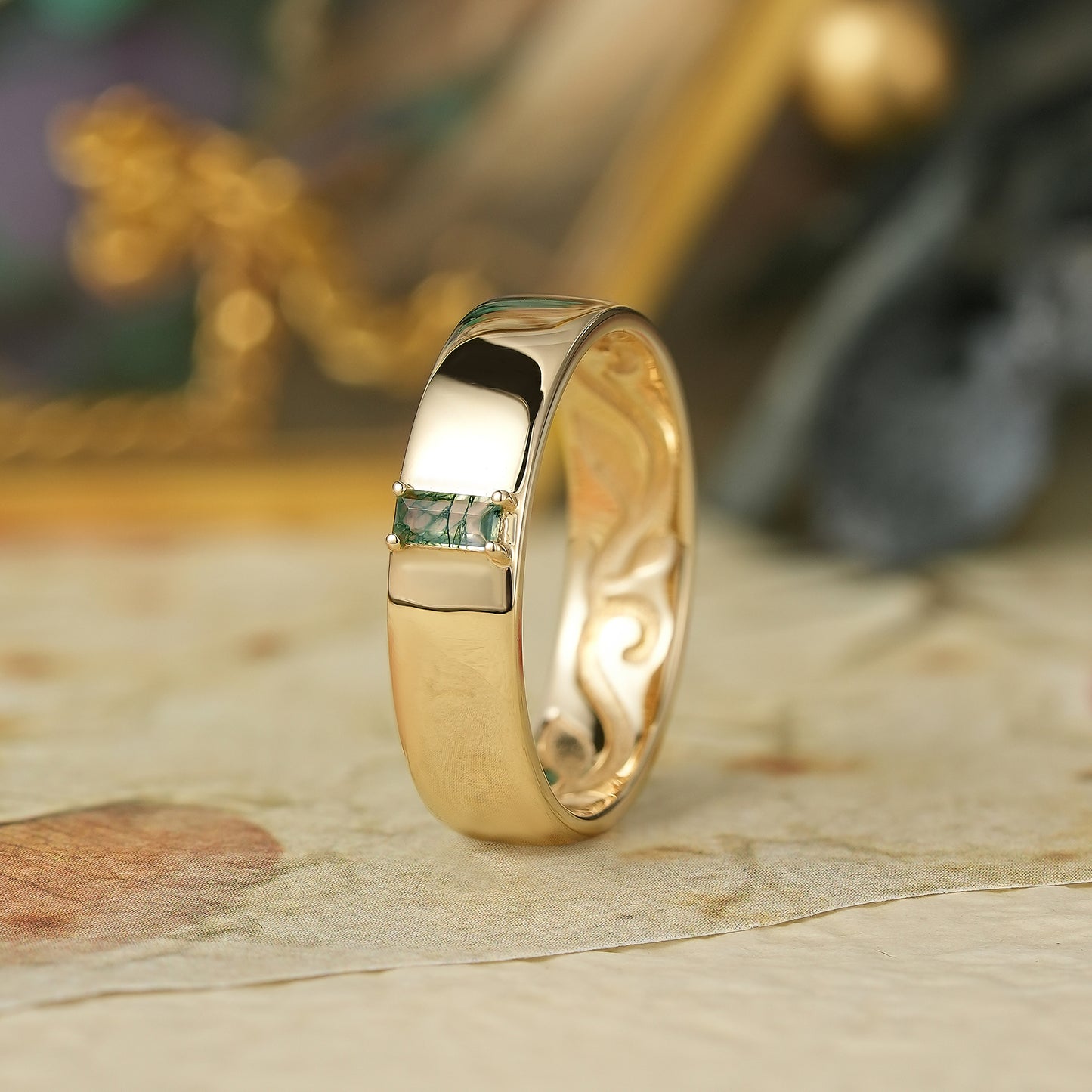 Moss Agate Band with Intricate Scroll and Leaf Inner Engraving - Dominic