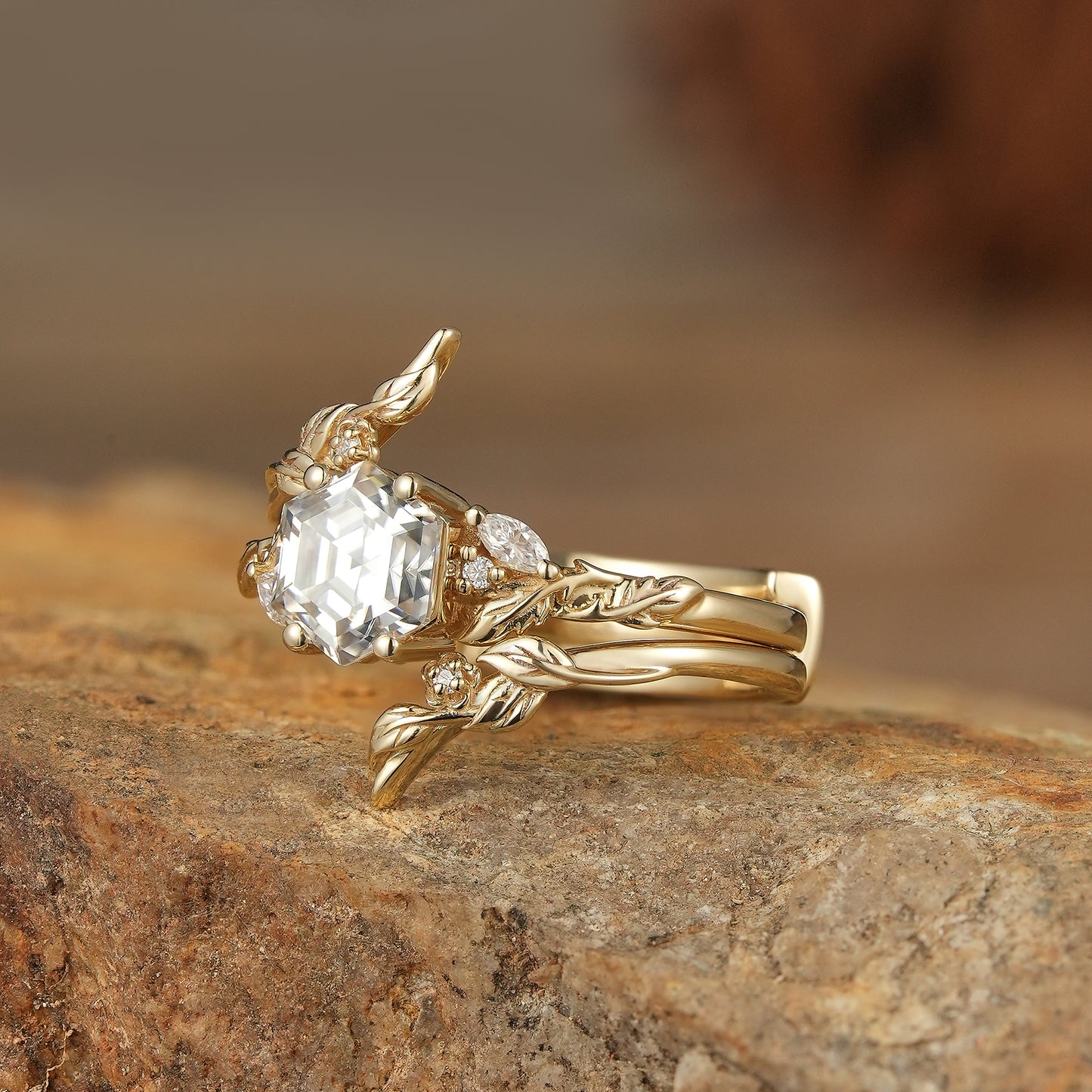 Hexagon Moissanite Vine Floral Enhancer Ring Set-Noor
