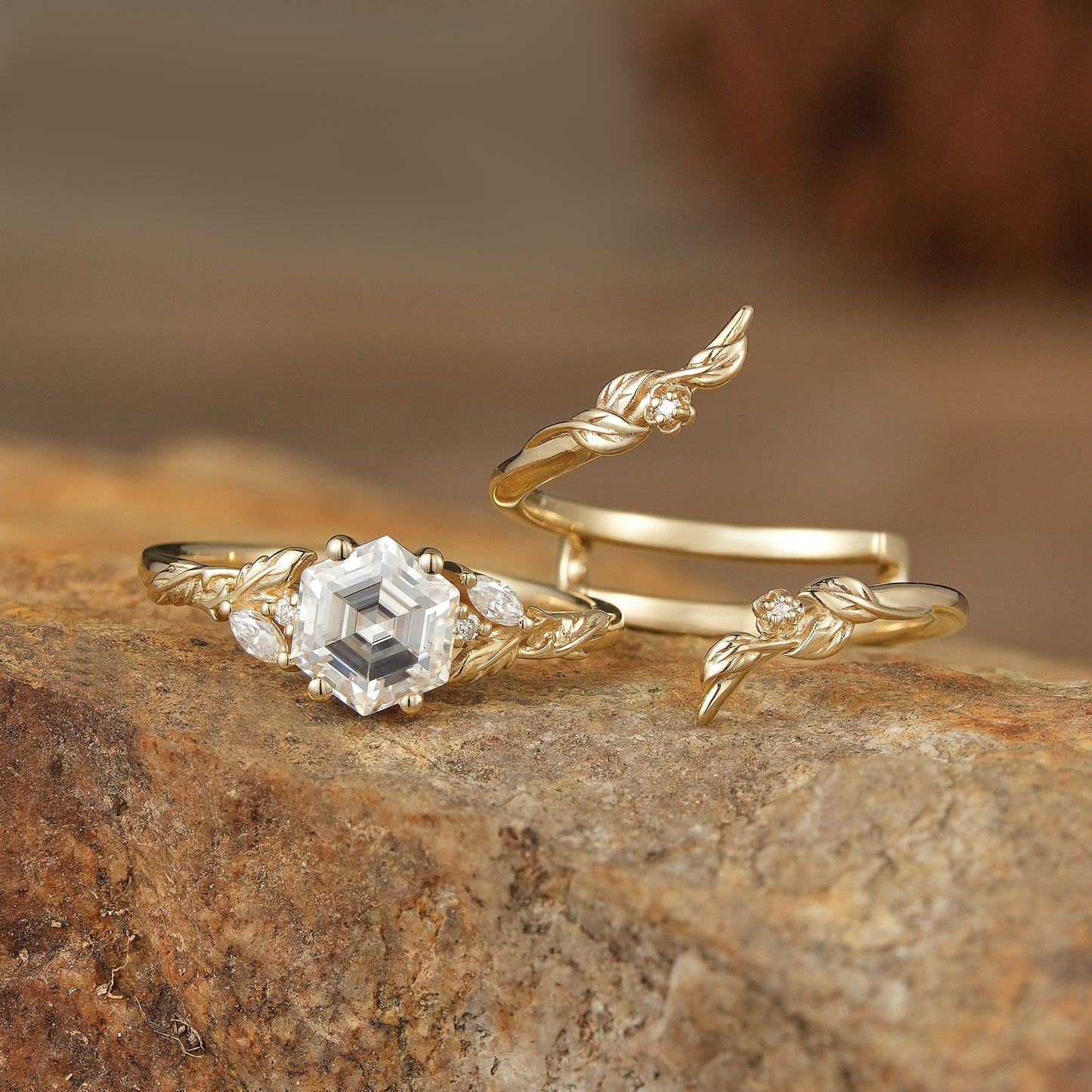 Hexagon Moissanite Vine Floral Enhancer Ring Set-Noor