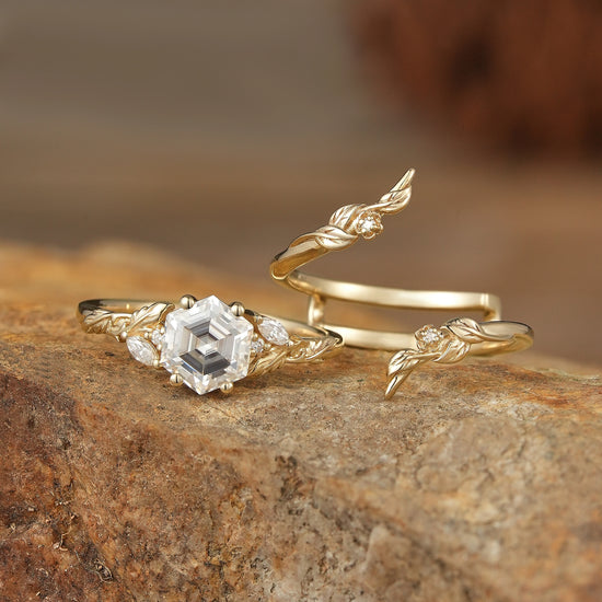 Hexagon Moissanite Vine Floral Enhancer Ring Set