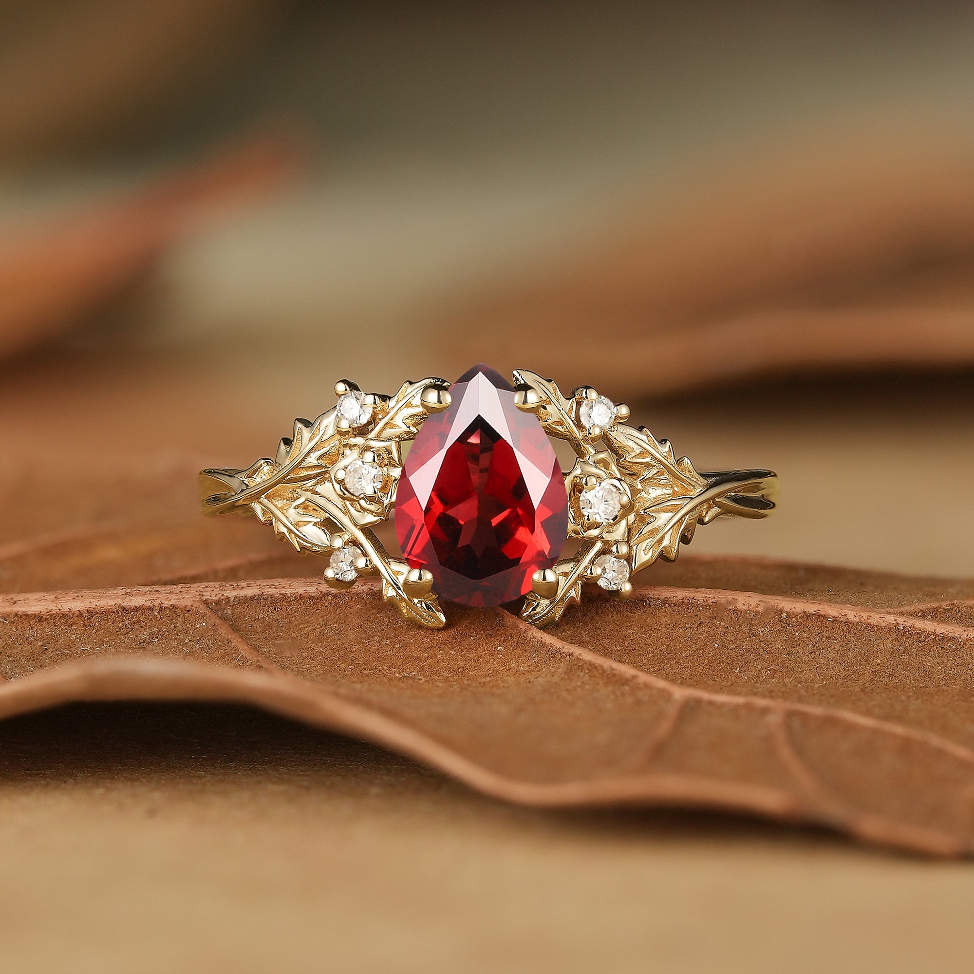 Pear Cut Garnet Leaf Engagement Ring - Matilda