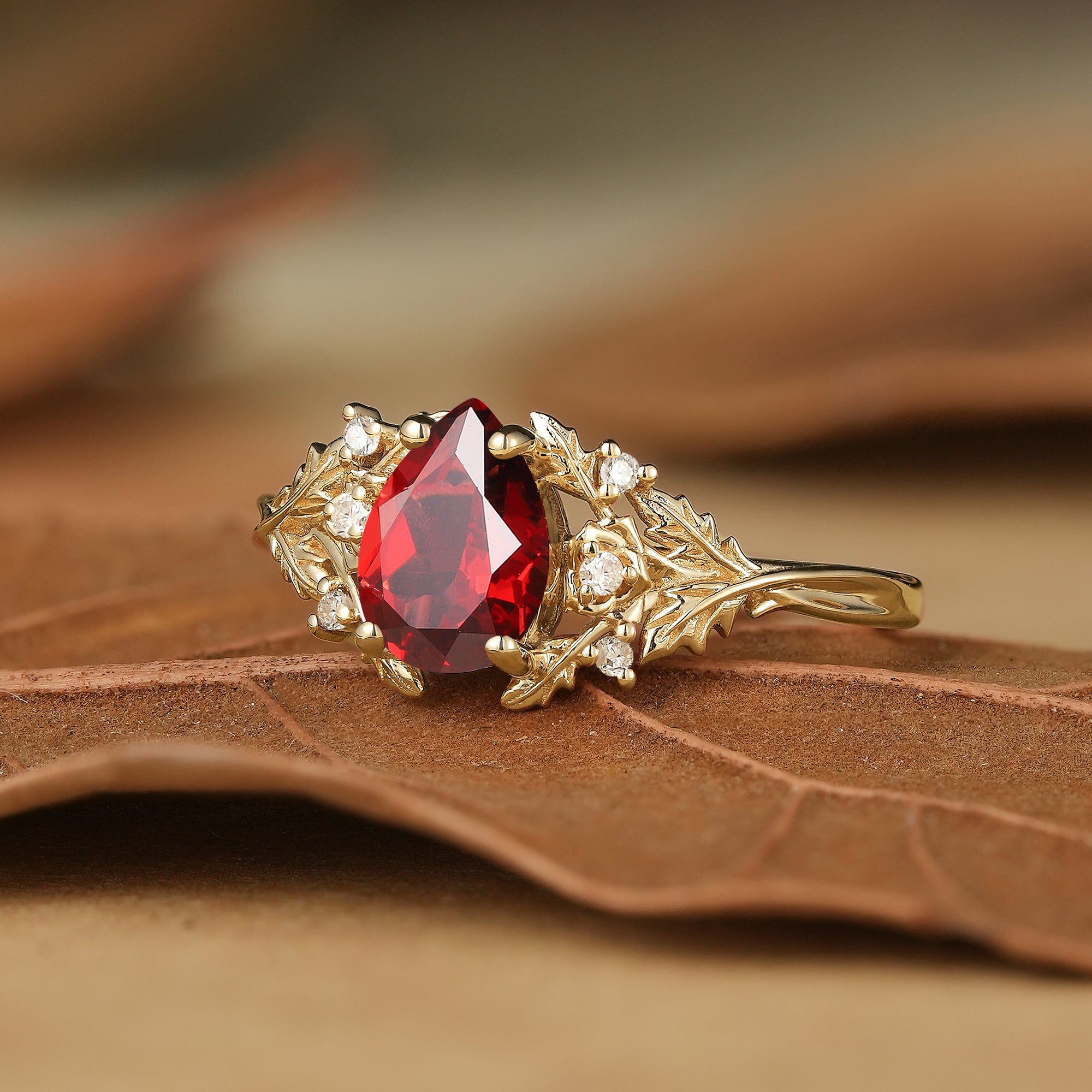 Pear Cut Garnet Leaf Engagement Ring - Matilda