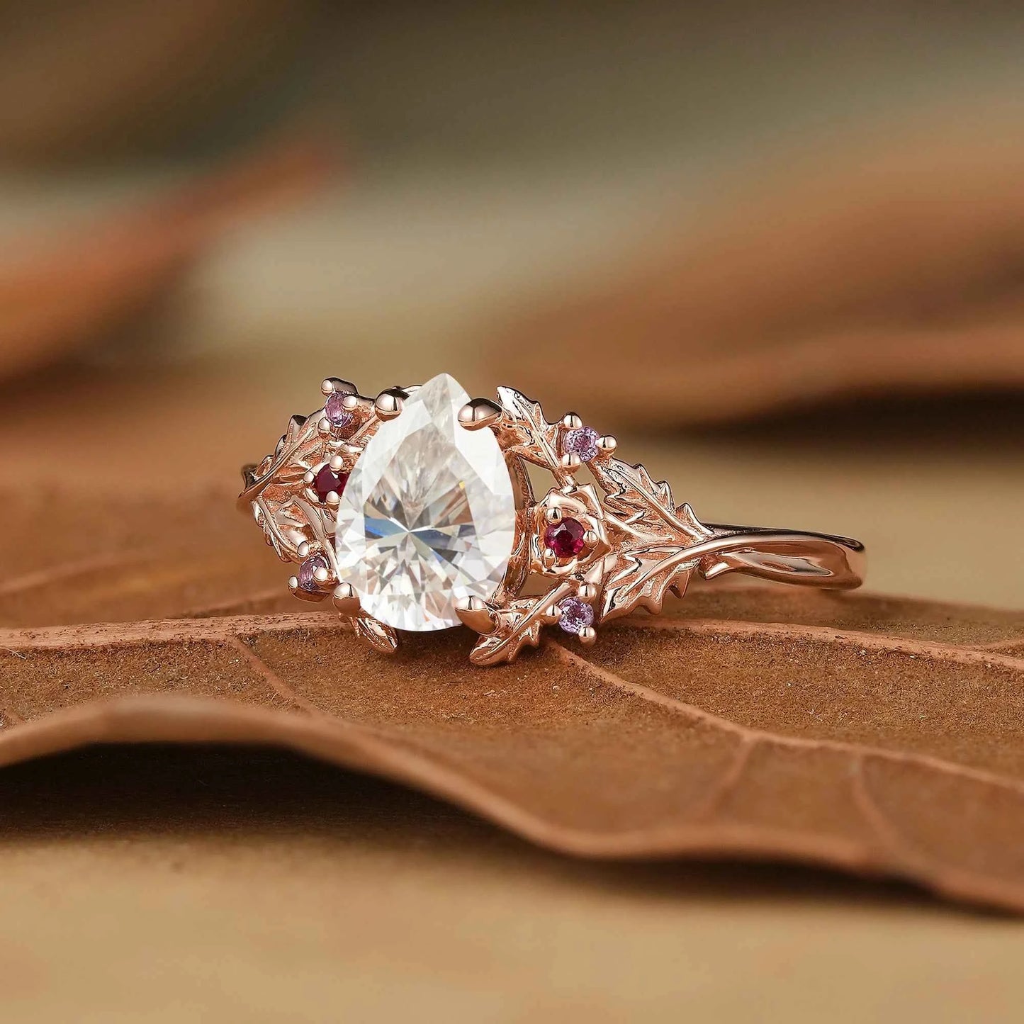 Leaf Moissanite & Ruby Engagement Ring - Matilda