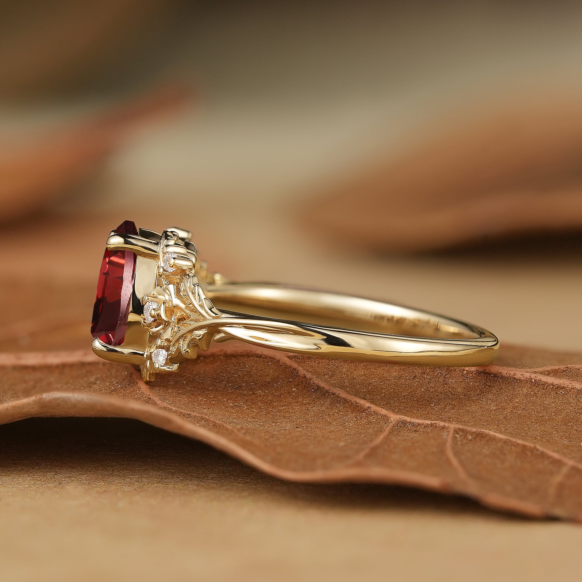 Pear Cut Garnet Leaf Engagement Ring - Matilda