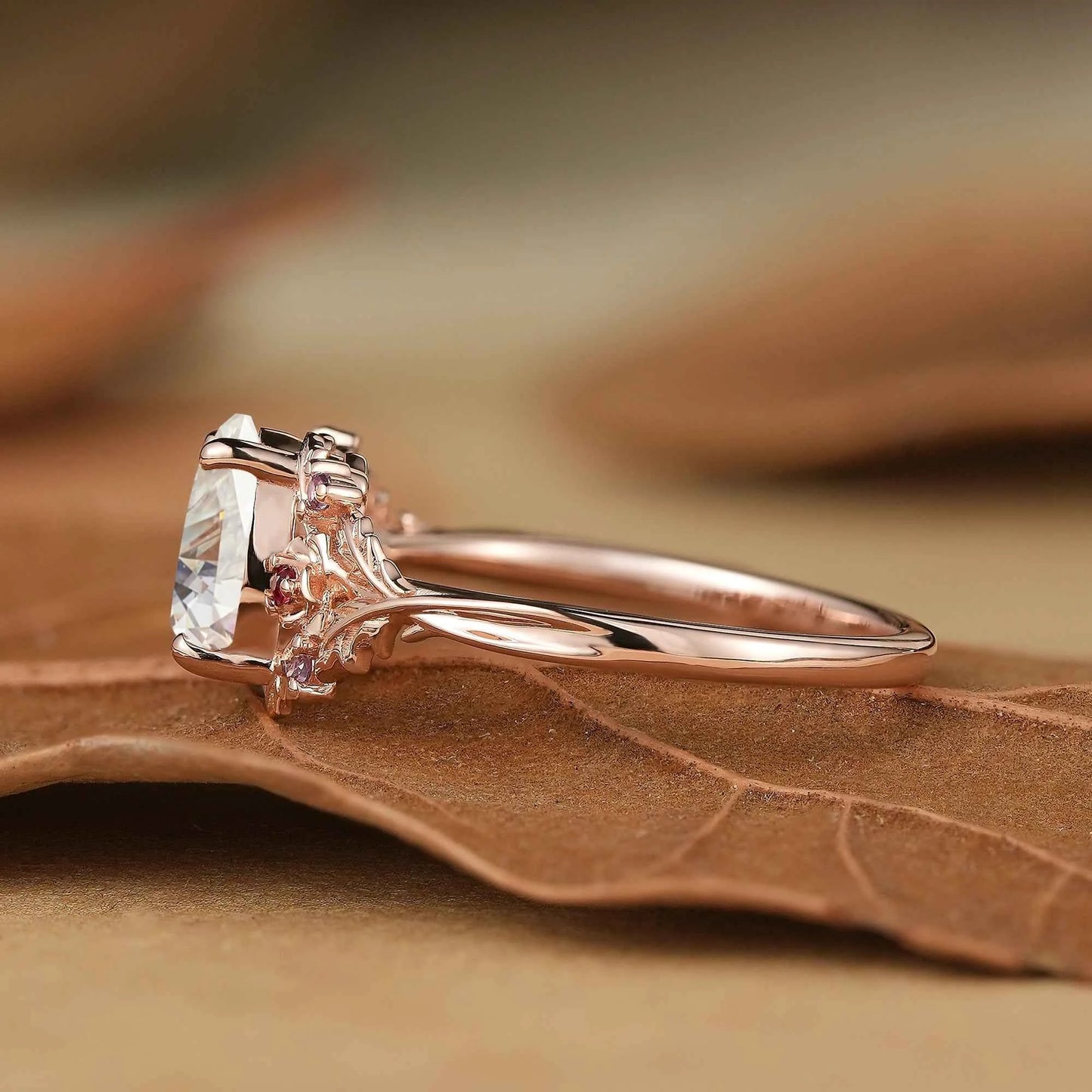 Leaf Moissanite & Ruby Engagement Ring - Matilda