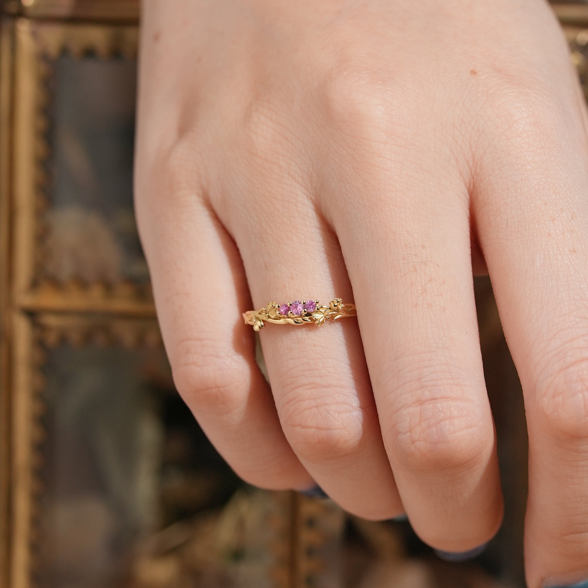 Natural Pink Sapphire Flower Inspired Straight Wedding Band Promise Ring For Her - Emilia