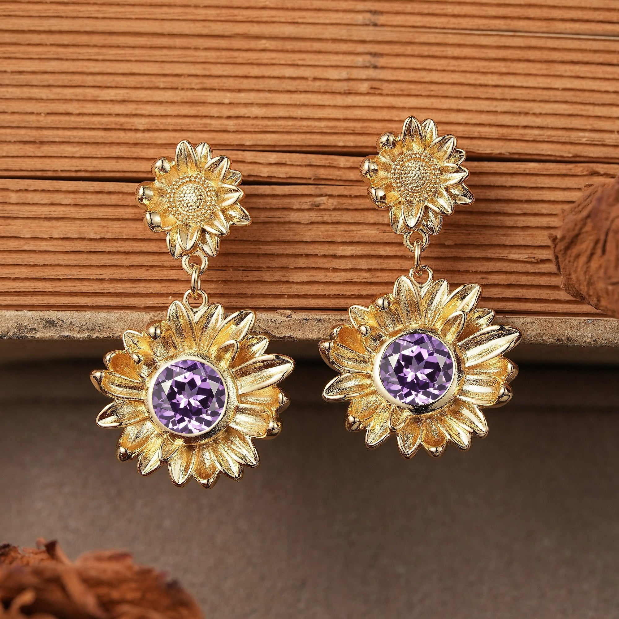 Round Cut Amethyst Earrings Sunflower Inspired Gift For Her - Ruth