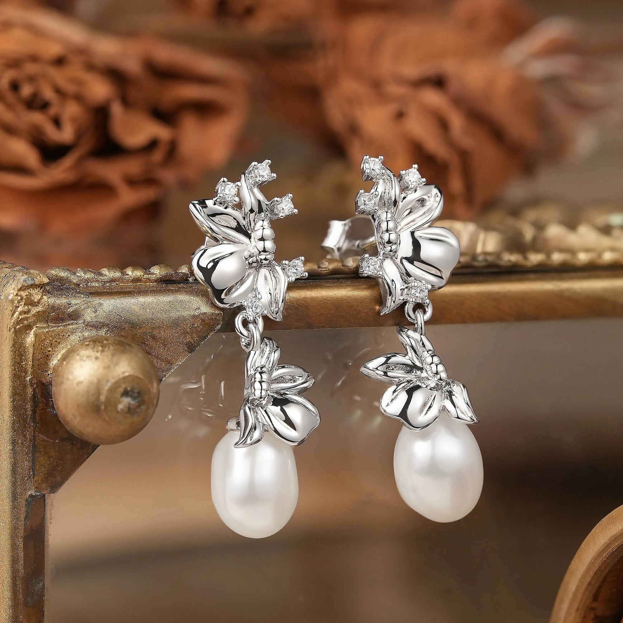 Irregular Cut Freshwater Pearl Flower-Inspired Earrings - Debra