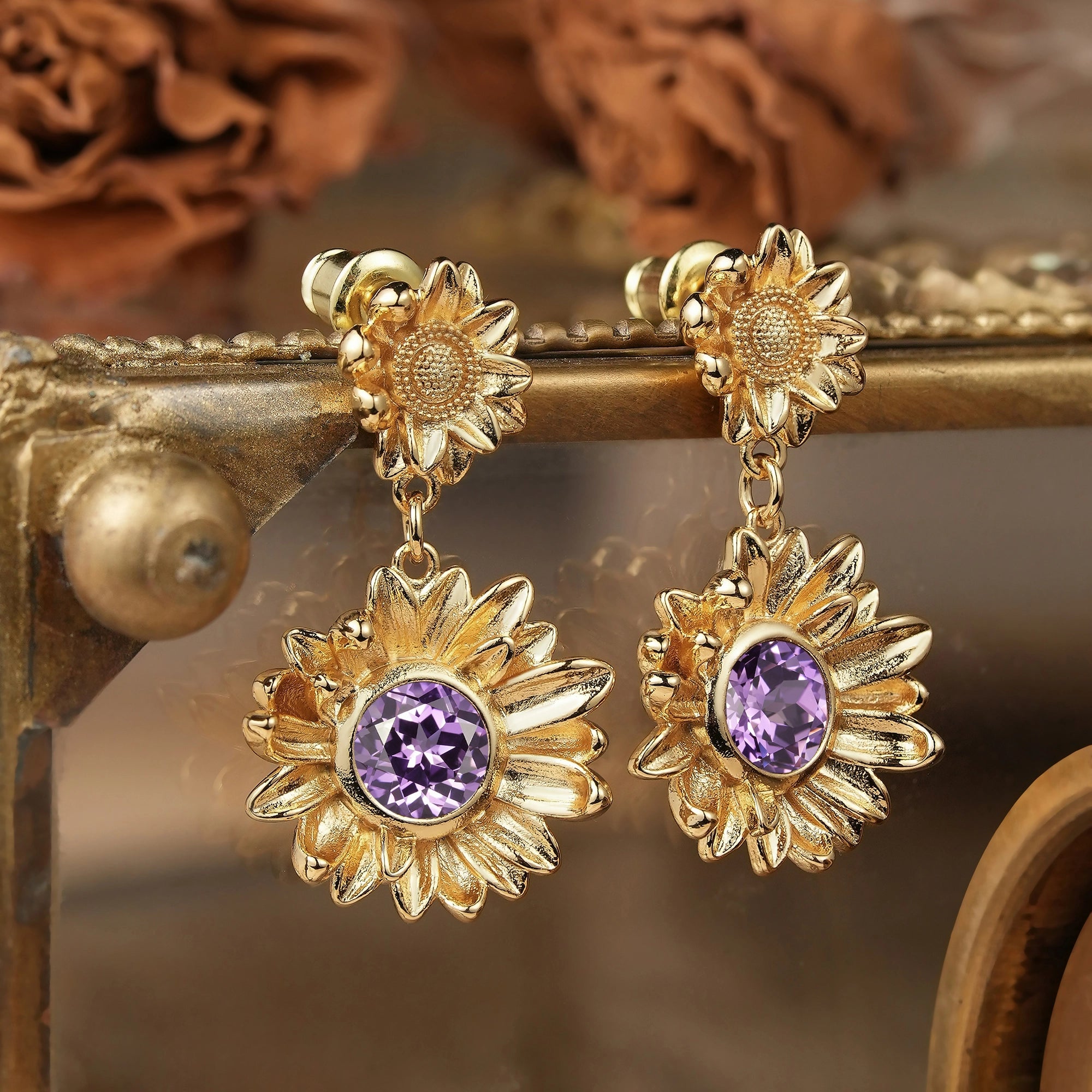 Round Cut Amethyst Earrings Sunflower Inspired Gift For Her - Ruth