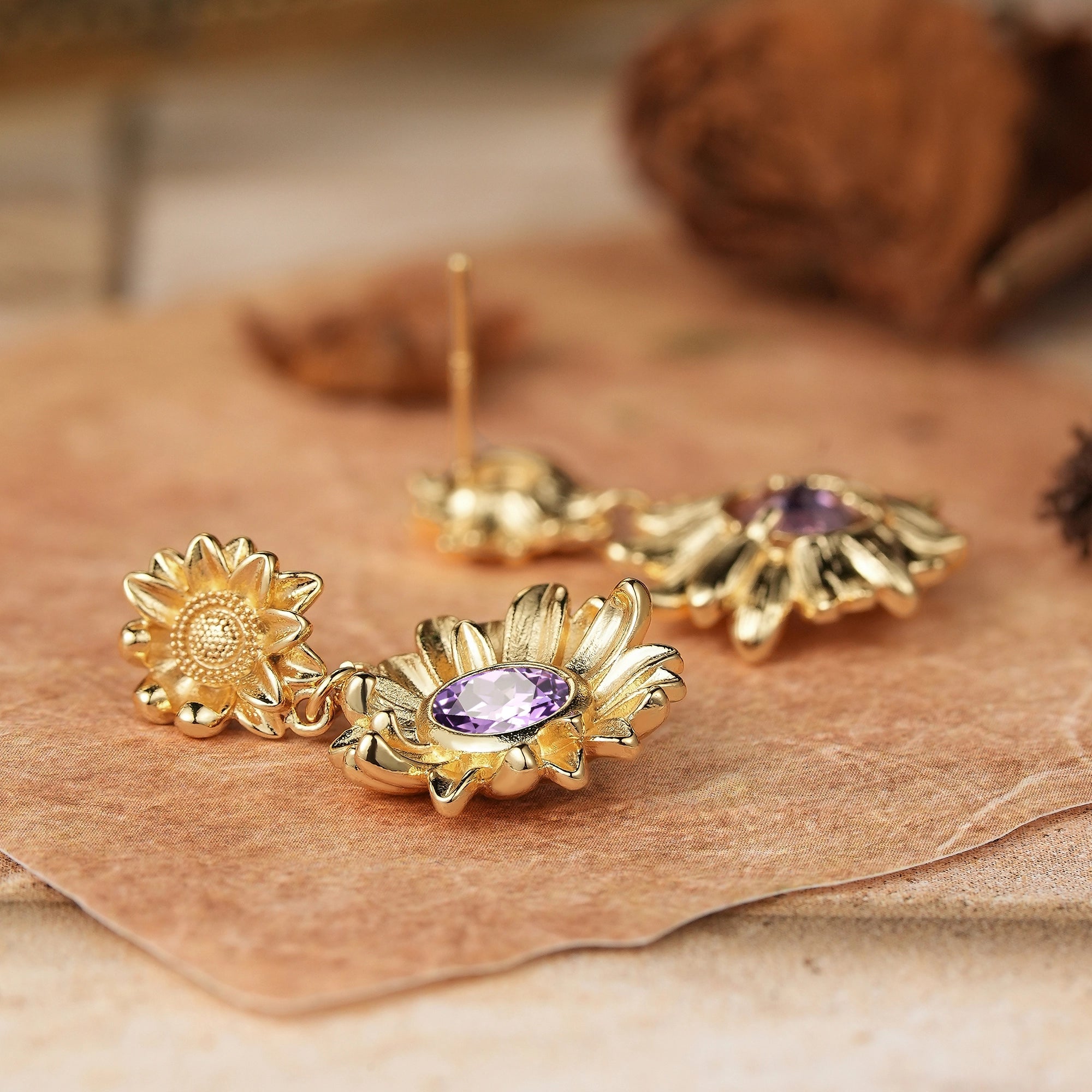 Round Cut Amethyst Earrings Sunflower Inspired Gift For Her - Ruth