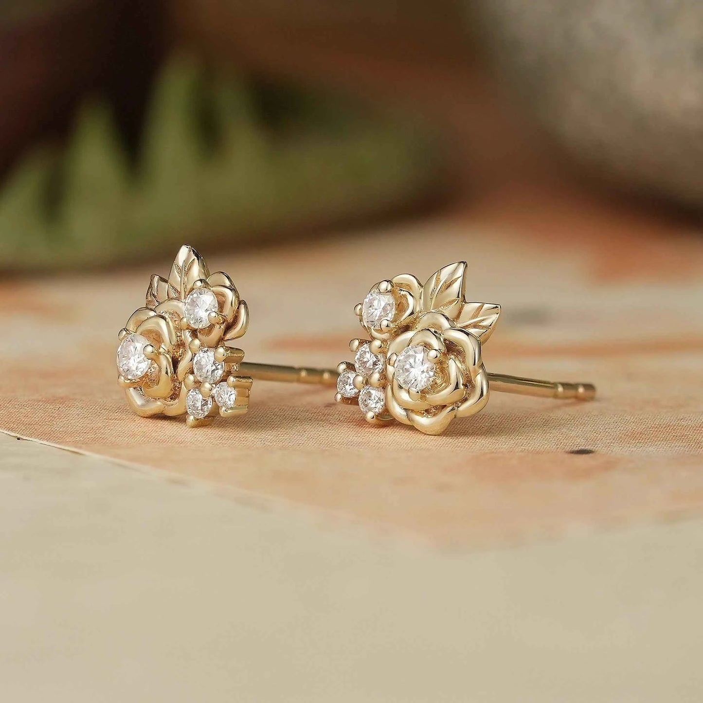 Rose and Leafy Design Moissanite Earrings