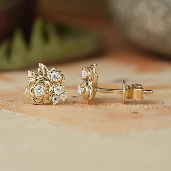 Rose and Leafy Design Moissanite Earrings