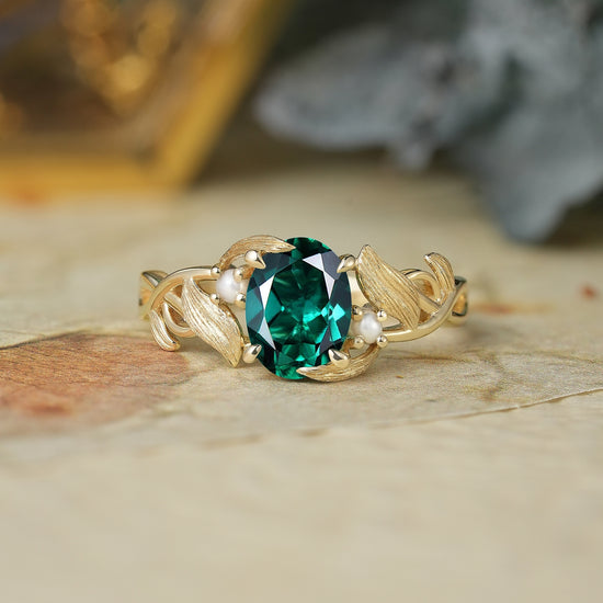 Oval Cut Emerald Brushed Gold Leaf Ring