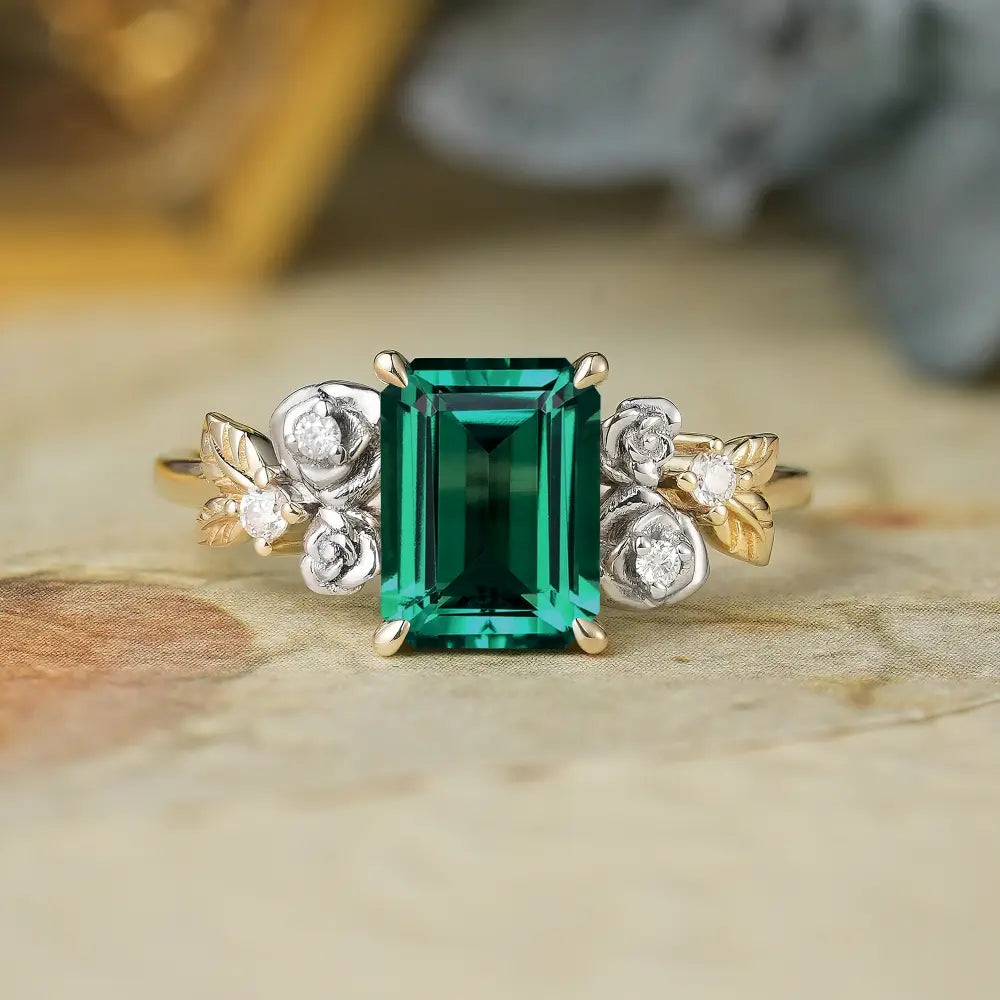 Rose Blossom: Vintage Two-Tone Emerald Ring - Trinity