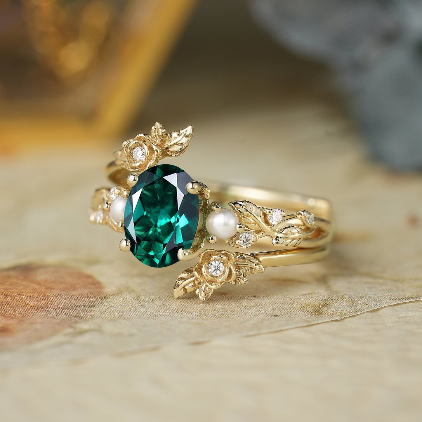 Oval Cut Emerald Leaf Vine Ring Set