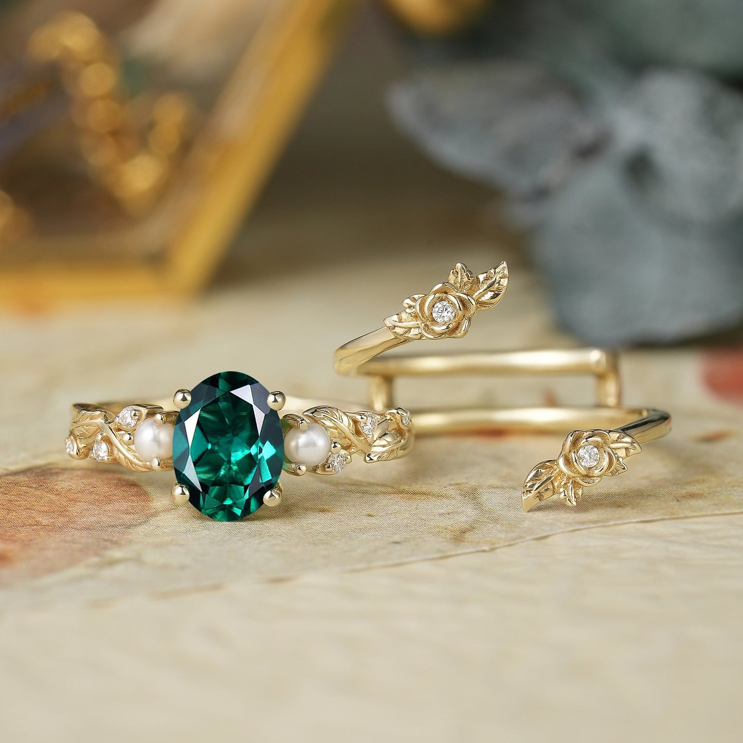 Oval Cut Emerald Leaf Vine Ring Set