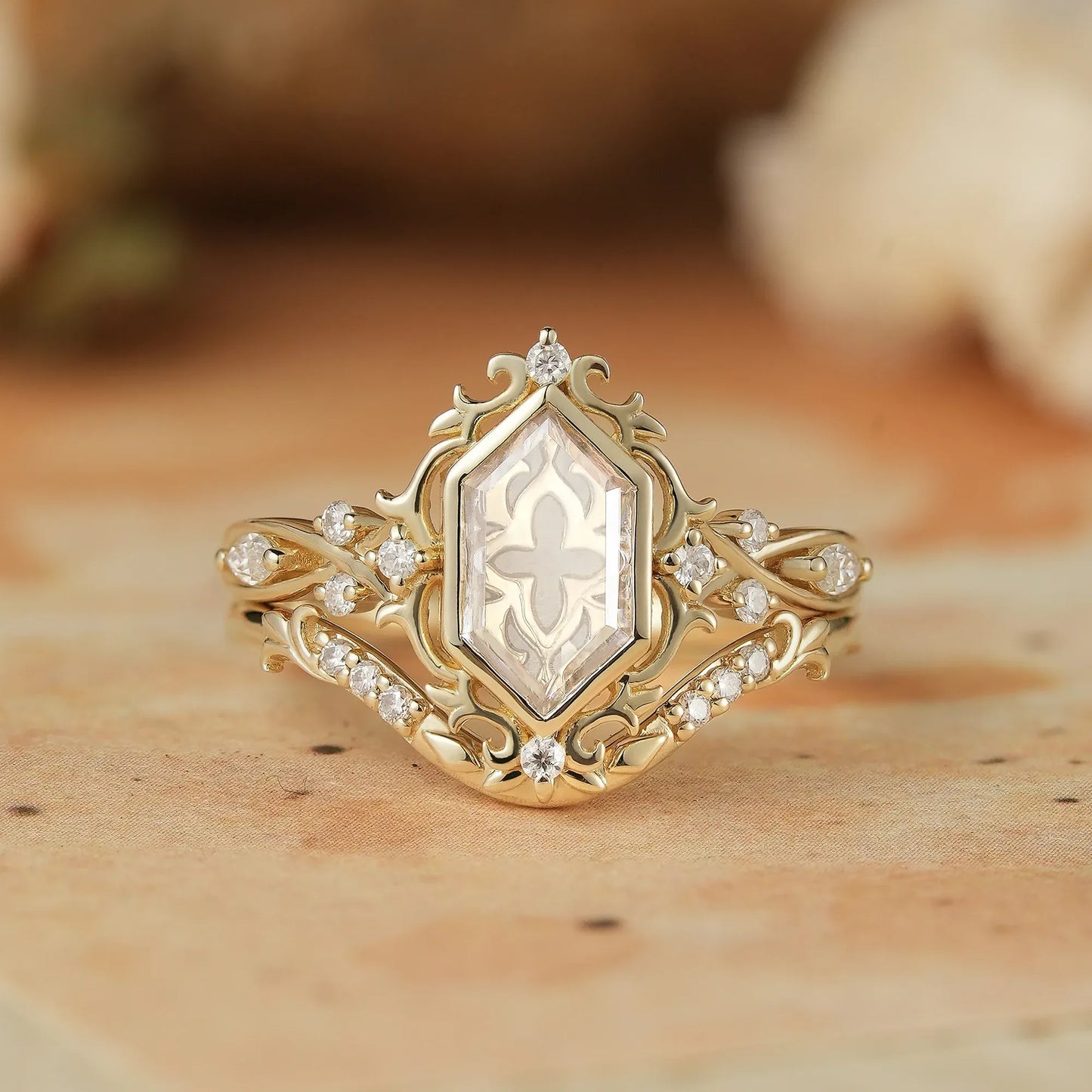 Long Hexagon Portrait Cut Moissanite Ring Set
