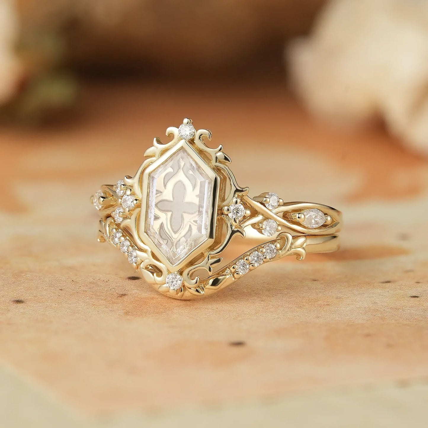 Long Hexagon Portrait Cut Moissanite Ring Set