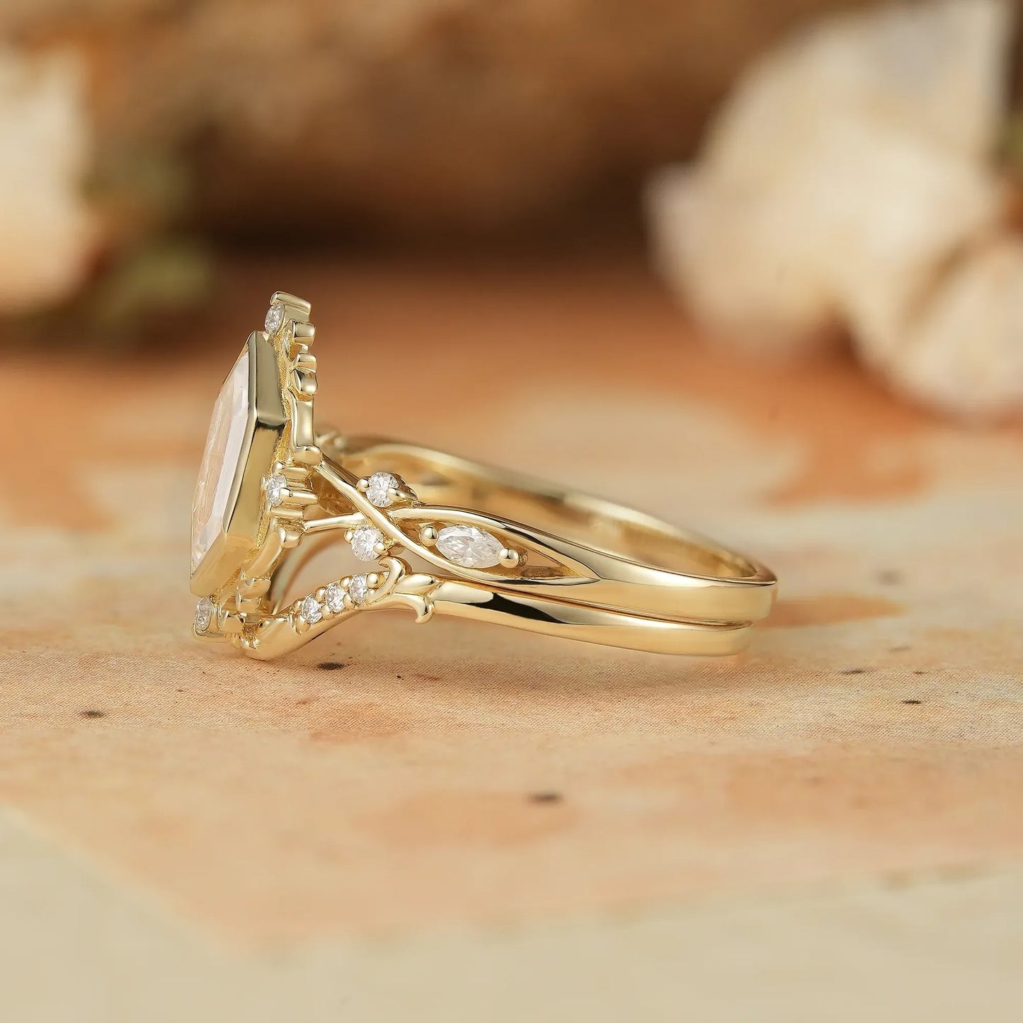 Long Hexagon Portrait Cut Moissanite Ring Set