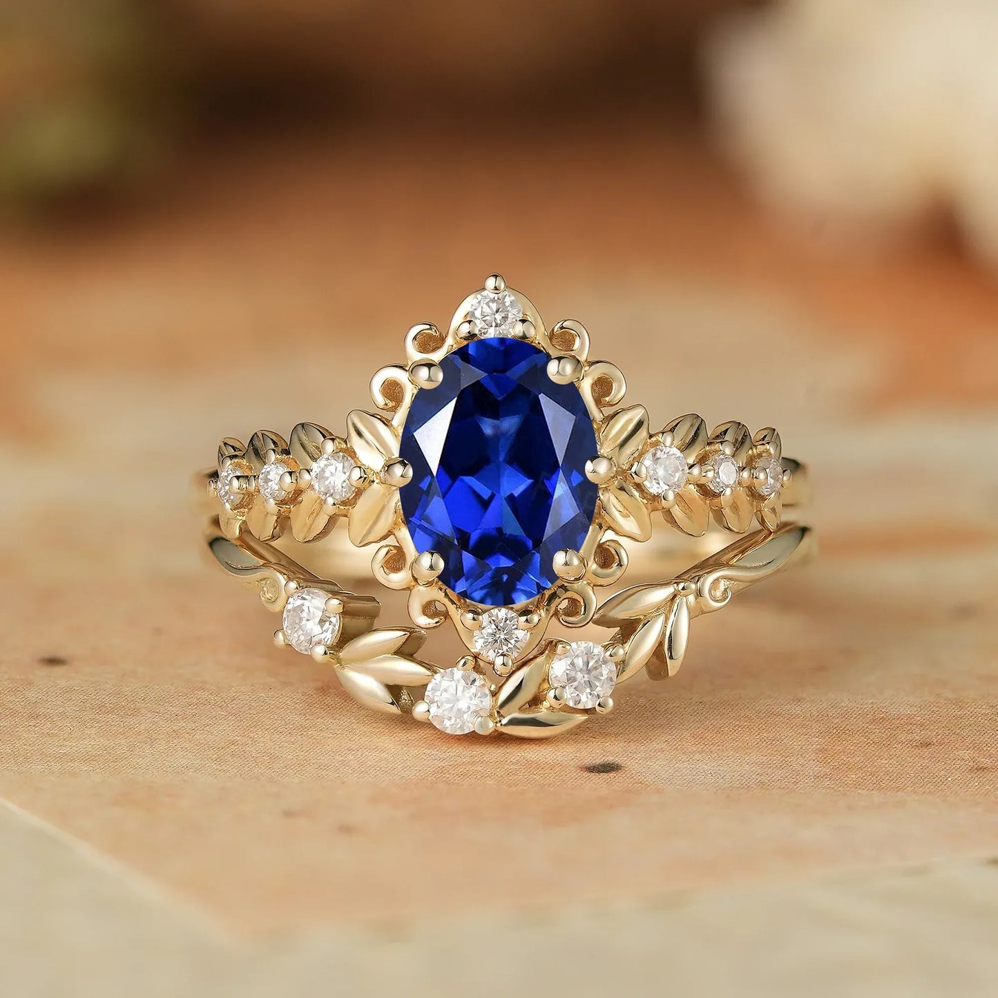 Oval Sapphire Leaf Ring Set