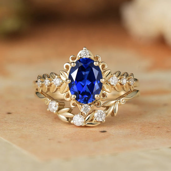 Oval Sapphire Leaf Ring Set
