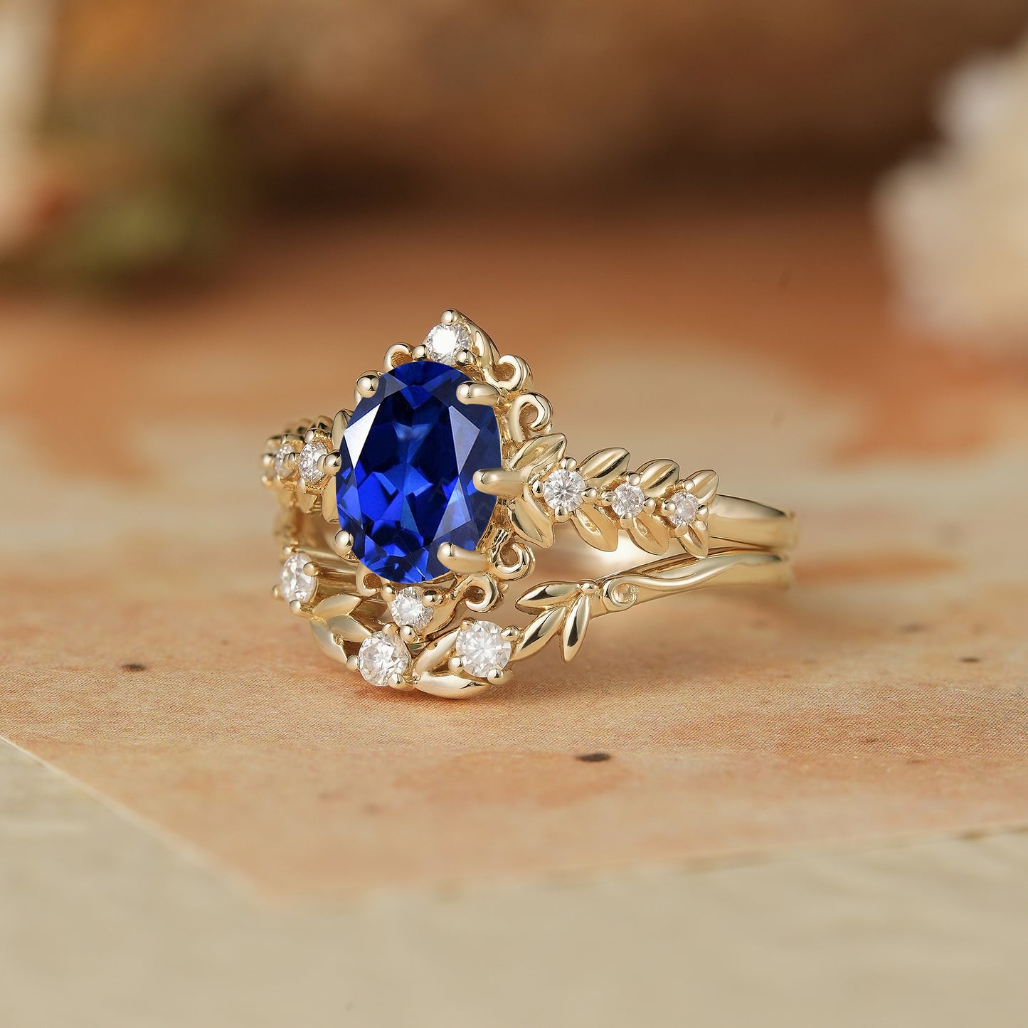 GemsMagic Oval Sapphire Leaf Ring Set - Calista
