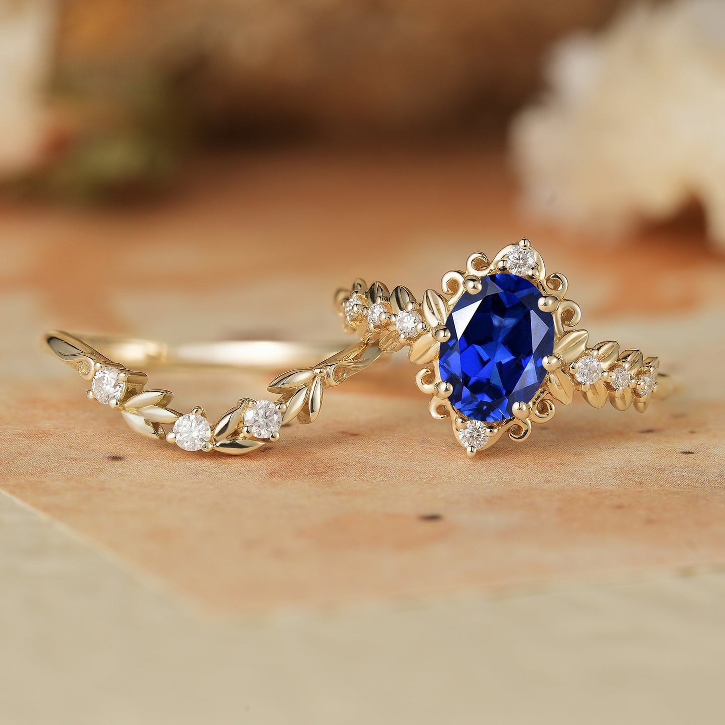 GemsMagic Oval Sapphire Leaf Ring Set - Calista