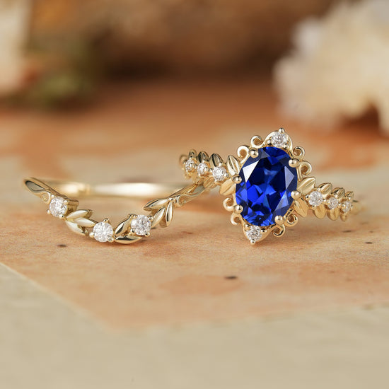 GemsMagic Oval Sapphire Leaf Ring Set - Calista