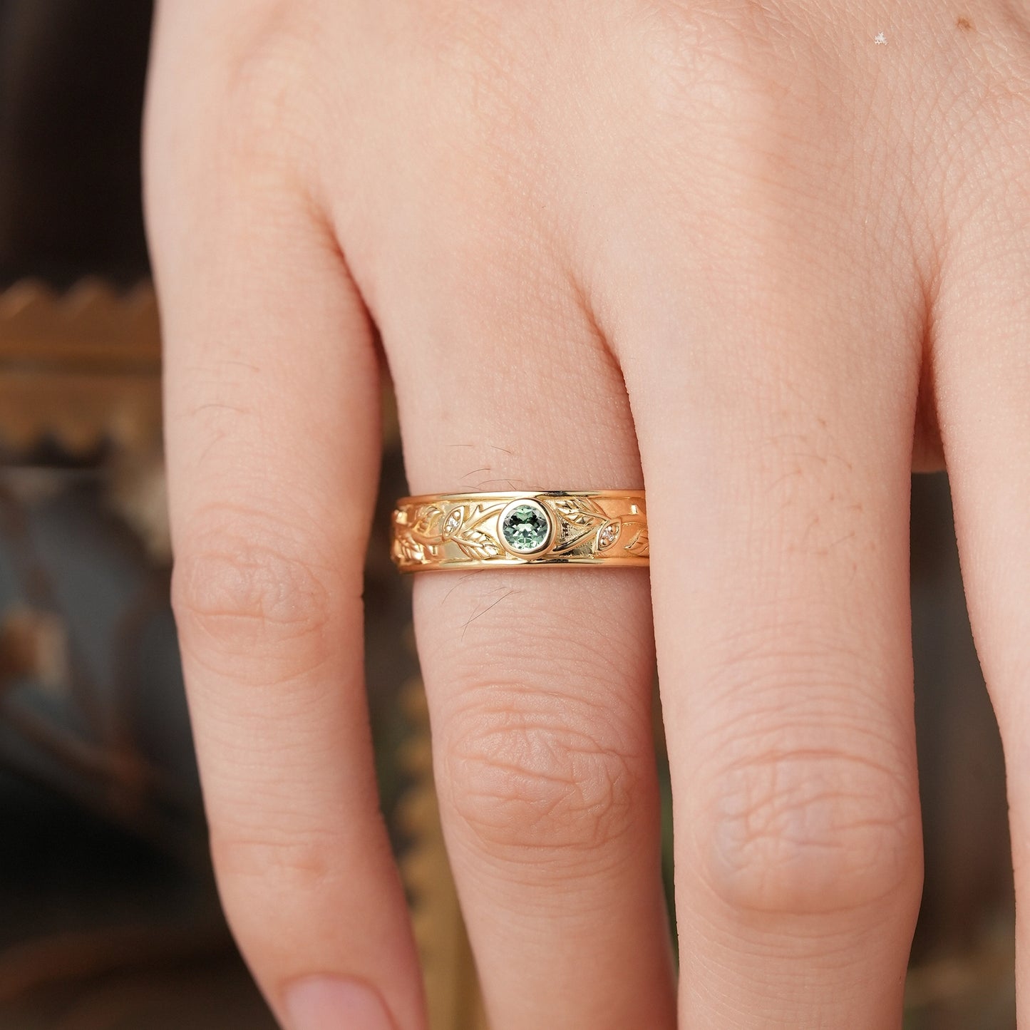 Round Green Sapphire Leafy Men's Ring