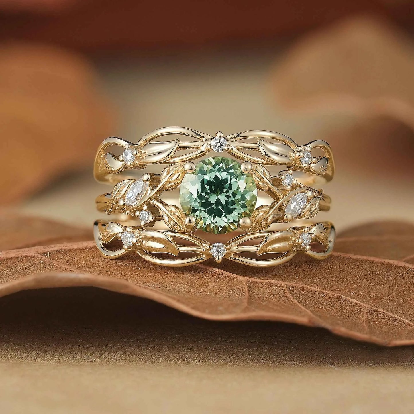 Natural Green Sapphire & Moissanite Ring Set 