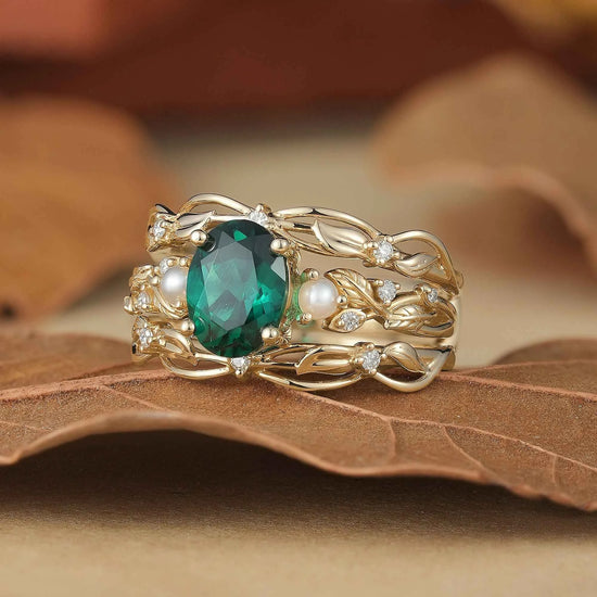 Oval Emerald & Pearl Leaf Enhancer Ring Set 2pcs
