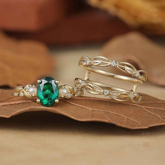 Oval Emerald & Pearl Leaf Enhancer Ring Set 2pcs