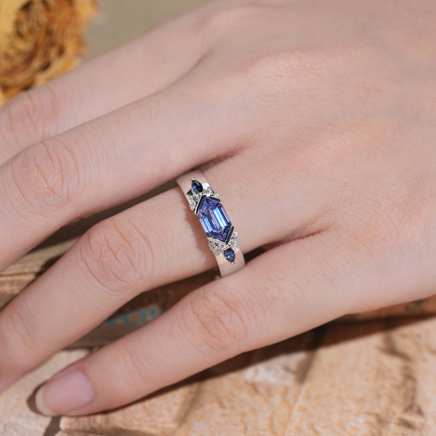 Long Hexagon Sapphire Men's Band with Moissanite
