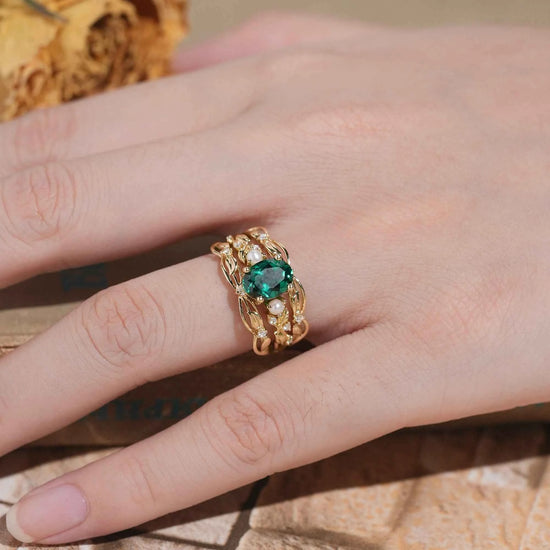 Oval Emerald & Pearl Leaf Enhancer Ring Set 2pcs