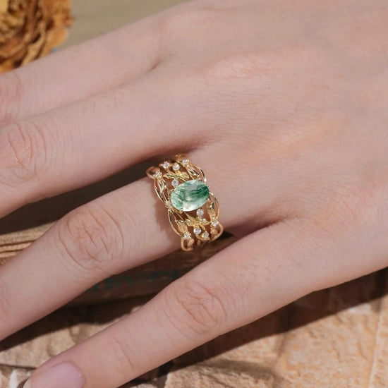Moss Agate Leafy Enhancer Ring Set 2pcs