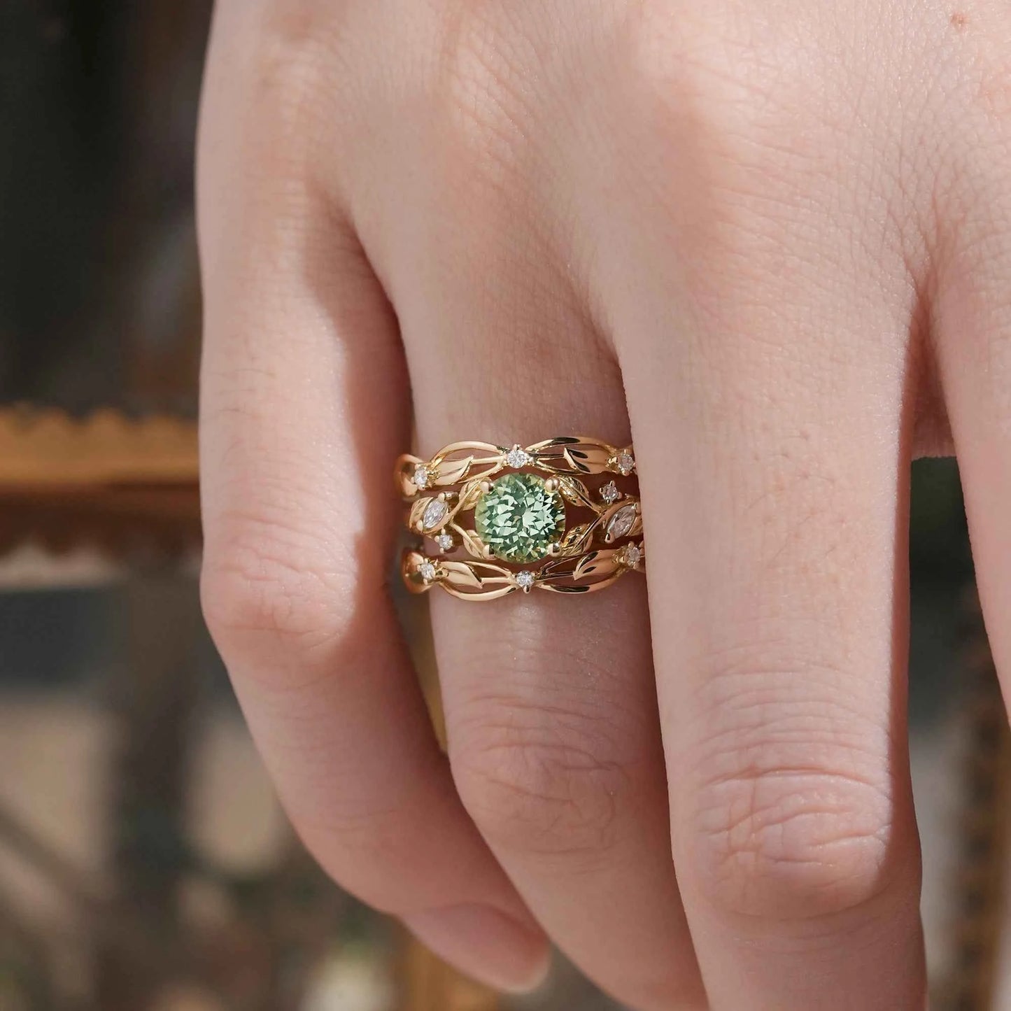 Natural Green Sapphire & Moissanite Ring Set