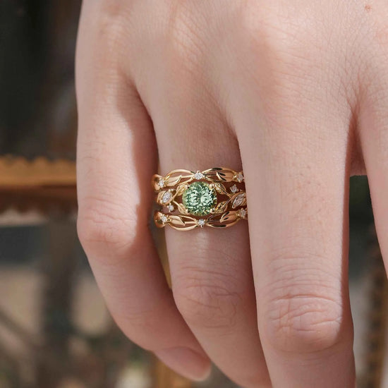 Natural Green Sapphire & Moissanite Ring Set