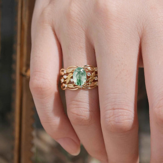 Moss Agate Leafy Enhancer Ring Set 2pcs