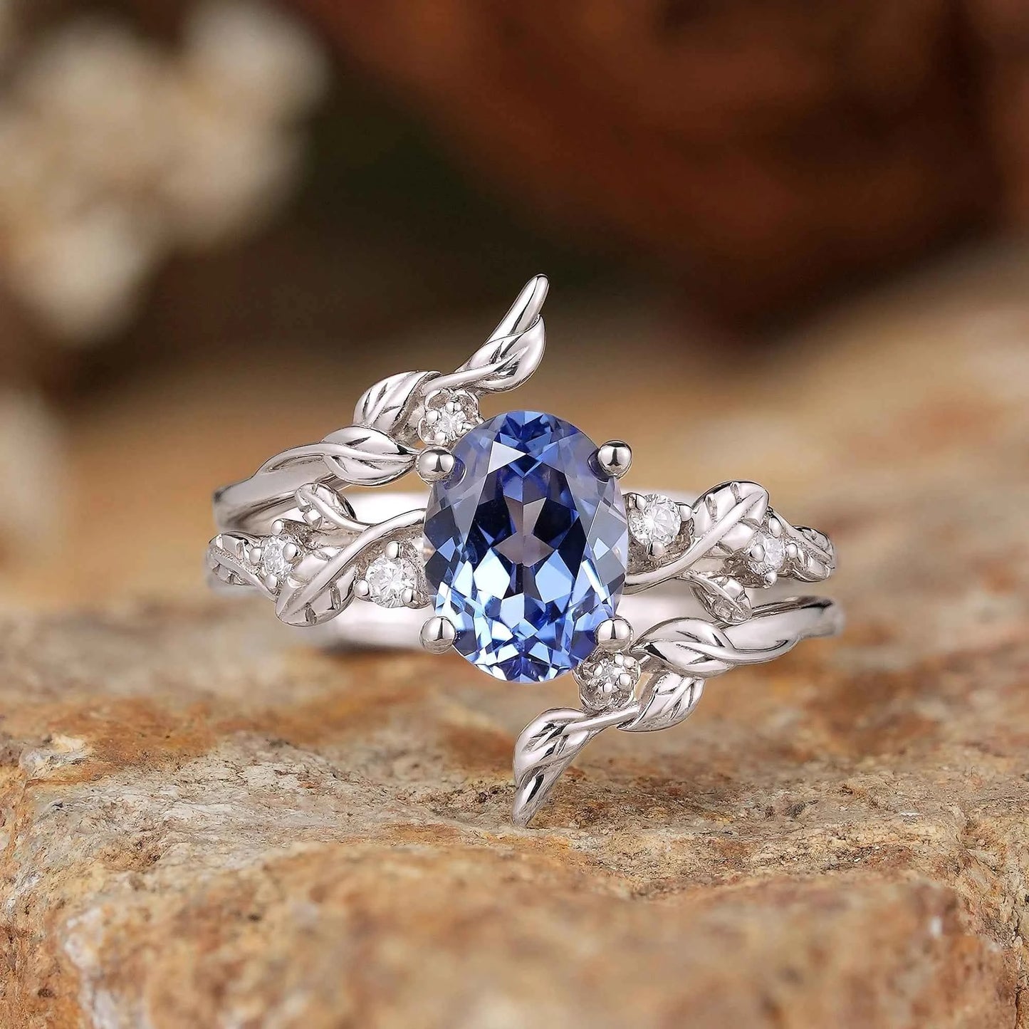 Cornflower Sapphire & Moissanite Floral Ring Set 2pcs