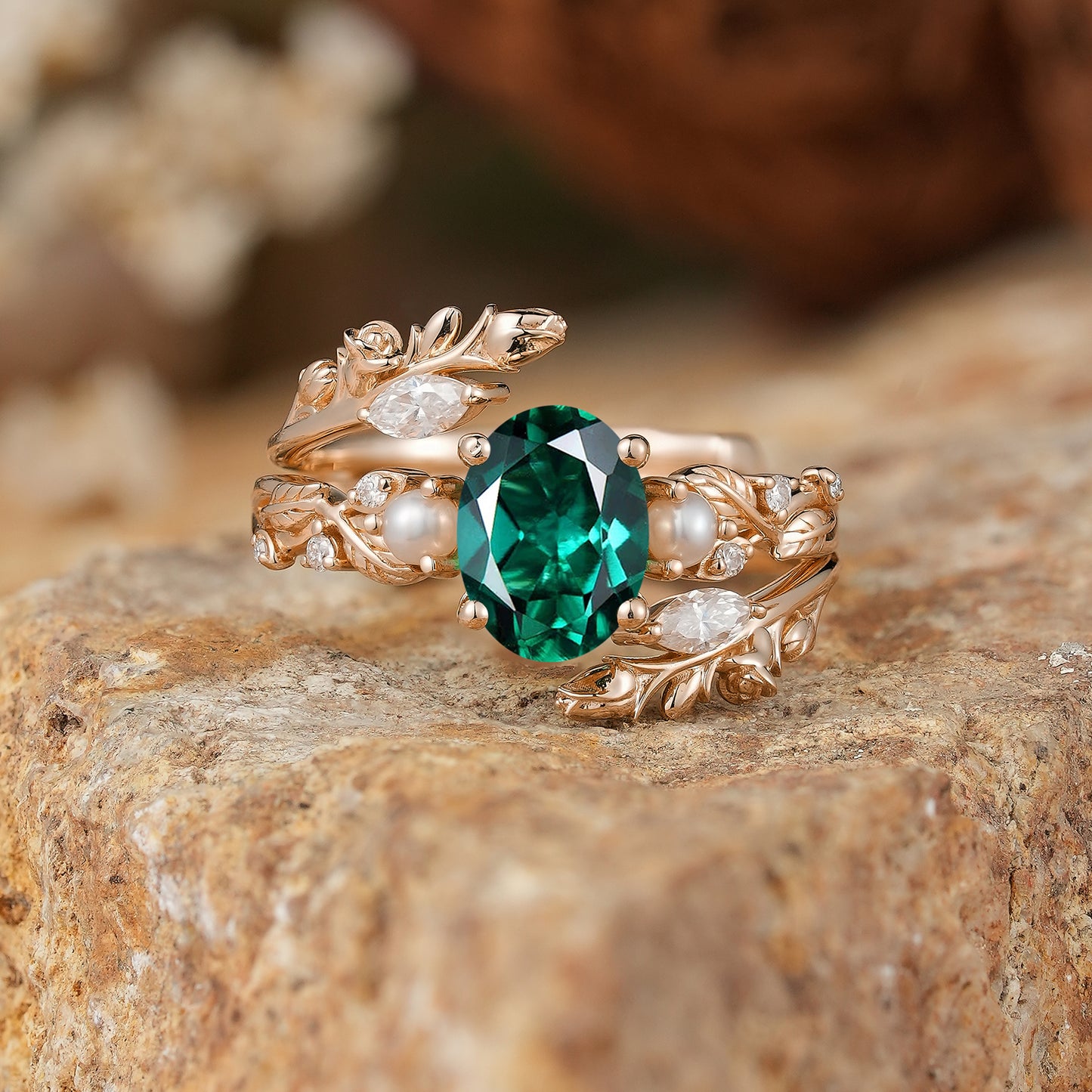 Rose Blossom: Oval Cut Lab Emerald & Pearl Nature Inspired Bridal Ring Set