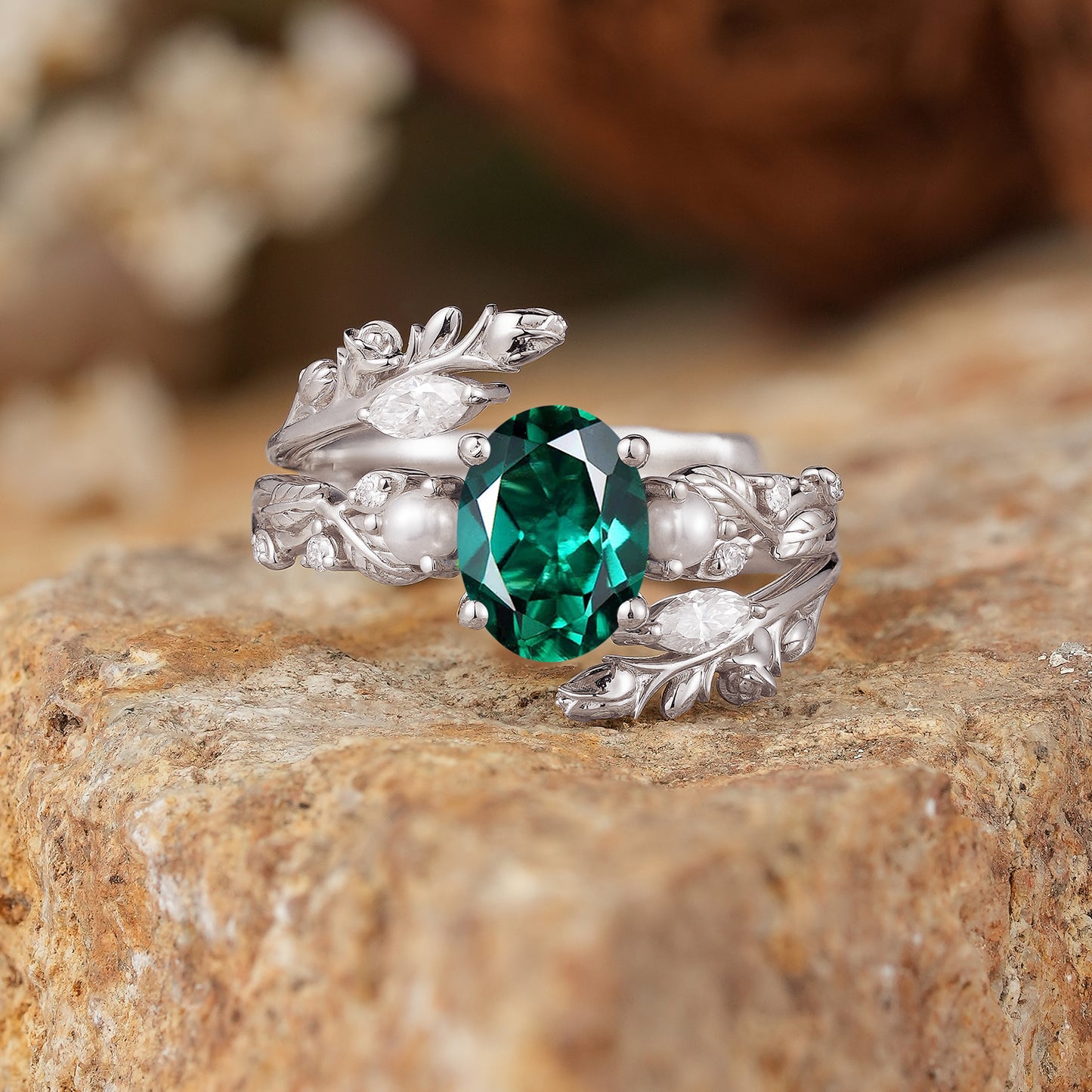 Rose Blossom: Oval Cut Lab Emerald & Pearl Nature Inspired Bridal Ring Set